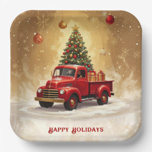 Vintage Red Truck with Christmas Tree Paper Plate