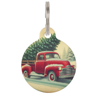 Vintage red truck with Christmas tree Pet Tag