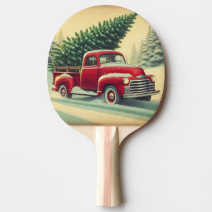 Vintage red truck with Christmas tree Ping Pong Paddle