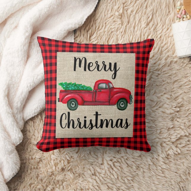 Vintage Red Truck With Christmas Tree Plaid Pillow (Blanket)
