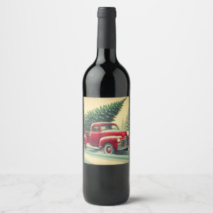 Vintage red truck with Christmas tree Wine Label
