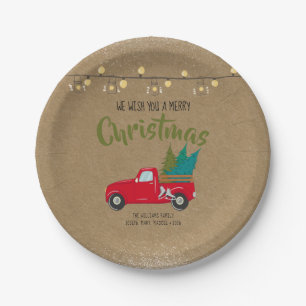 Vintage Red Truck with Christmas Trees on Kraft Paper Plate