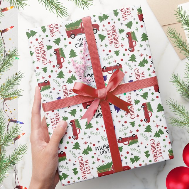 Vintage Red Truck with Tree Christmas Wrapping Paper (Vintage Red Truck Christmas Wrapping Paper)