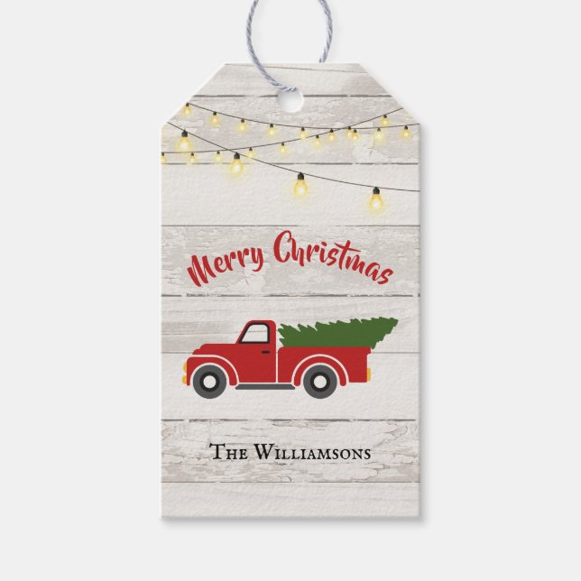Vintage Red Truck Wood Christmas Name Gift Tag (Front)