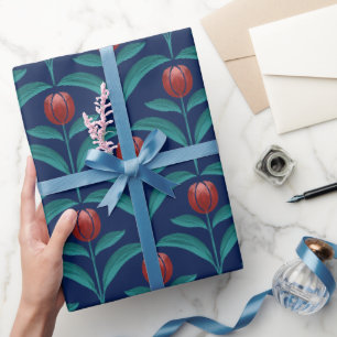 Vintage Red Tulip Navy Wrapping Paper Folk Art