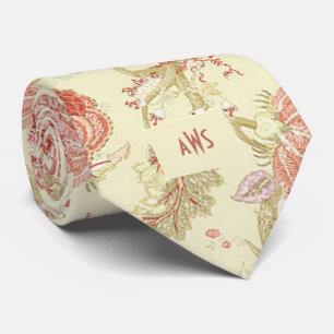 Vintage Red Tulips and Hydrangea Floral Monogram Tie