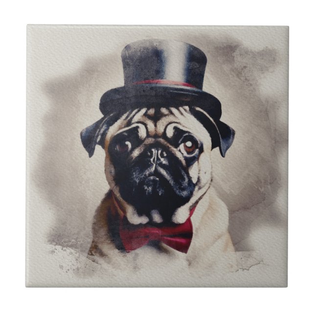 Vintage Red Tux Pug Portrait Ceramic Tile (Front)