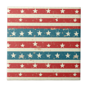 Vintage Red, White & Blue Stripes with Stars Ceramic Tile