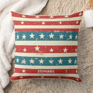 Vintage Red, White & Blue Stripes with Stars Cushion