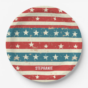 Vintage Red, White & Blue Stripes with Stars Paper Plate