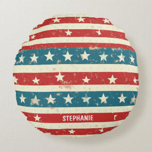 Vintage Red, White & Blue Stripes with Stars Round Cushion