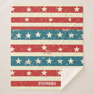 Vintage Red, White & Blue Stripes with Stars Sherpa Blanket