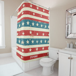 Vintage Red, White & Blue Stripes with Stars Shower Curtain