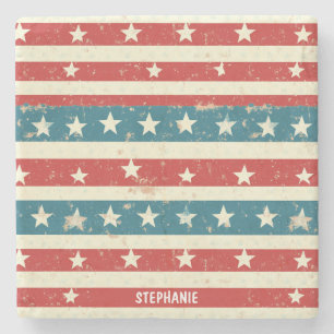 Vintage Red, White & Blue Stripes with Stars Stone Coaster