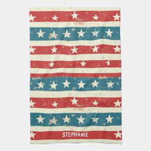 Vintage Red, White & Blue Stripes with Stars Tea Towel