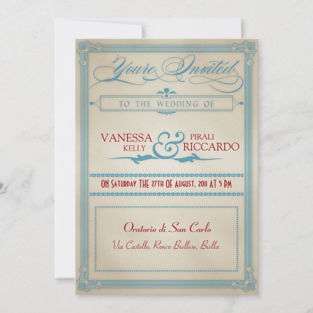 Vintage Red White & Blue Wedding Invitation (Front)
