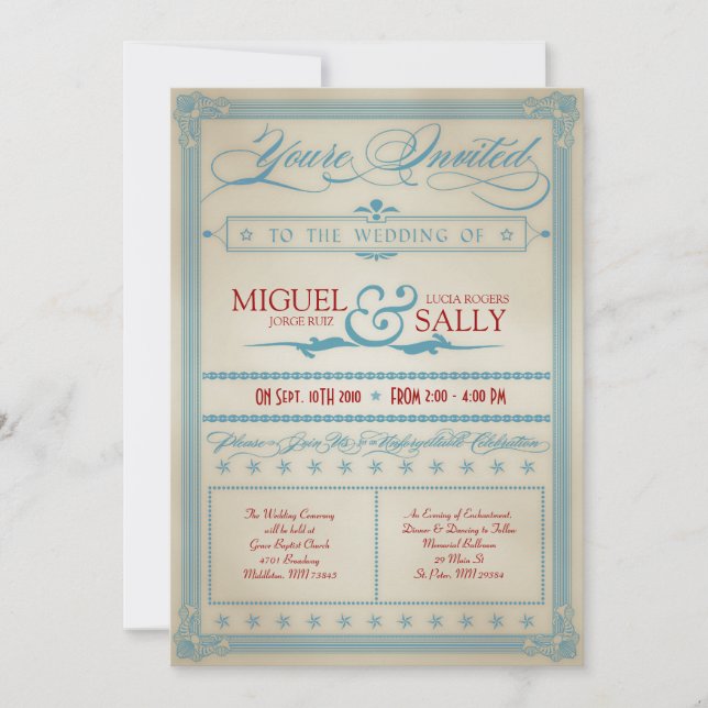 Vintage Red White & Blue Wedding Invitation (Front)