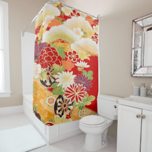 Vintage Red White Japanese Kimono Floral Floral Shower Curtain