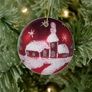 Vintage Red White Snowy Christmas House Ceramic Ornament