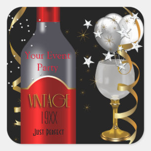 Vintage Red Wine Black Gold Silver Square Sticker