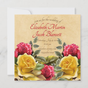 Vintage Red & Yellow Roses Floral Wedding, square Invitation