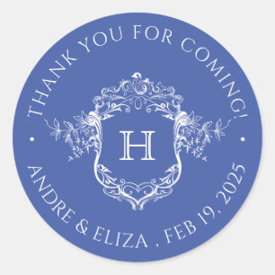 Vintage Regency Blue Monogram Crest Wedding Classic Round Sticker