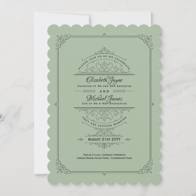 Vintage Regency Sage Green Wedding Invitation (Front)