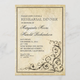Vintage rehearsal dinner invite flourish swirls