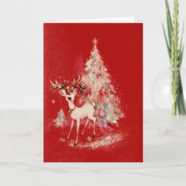 Vintage Reindeer And Christmas Tree Holiday Card (Front)