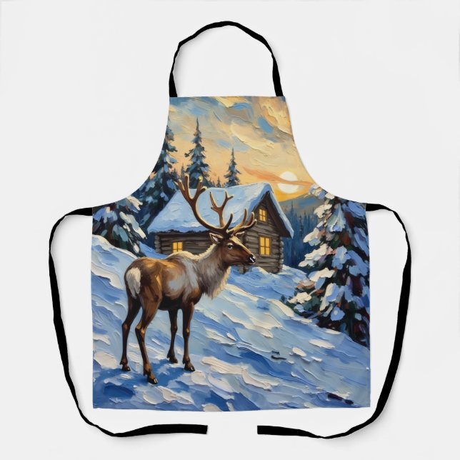 Vintage Reindeer by Snowy Cabin Christmas Painting Apron (Front)