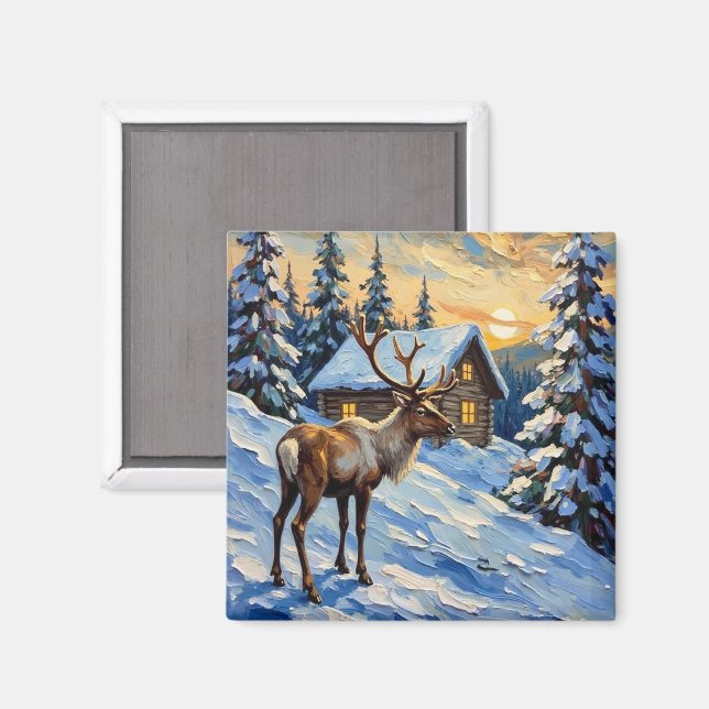 Vintage Reindeer by Snowy Cabin Christmas Painting Magnet (Front/Back)