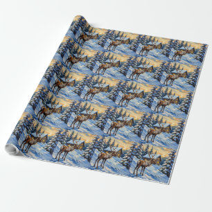 Vintage Reindeer by Snowy Cabin Christmas Painting Wrapping Paper