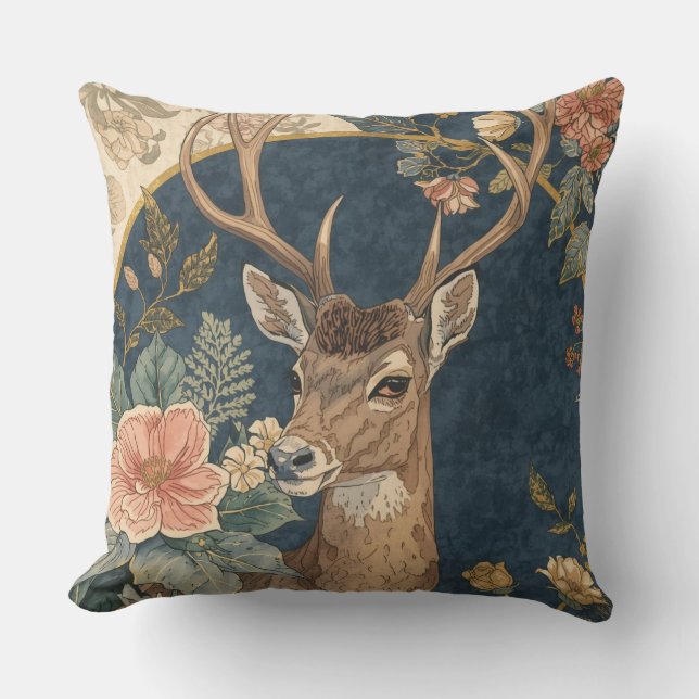 Vintage,  Reindeer Deer and Flowers Pattern Cushion (Front)