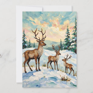 Vintage Reindeer Family Winter Meadow Painting Holiday Card