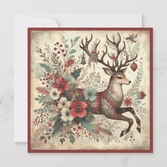 Vintage Reindeer Merry Christmas  Holiday Card (Front)
