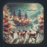 Vintage Reindeers and Christmas Lights   Paper Plate<br><div class="desc">Christmas Party paper plates with ai art depicting a beautiful watercolor rendition of reindeer running through the pine trees on Christmas Eve.</div>