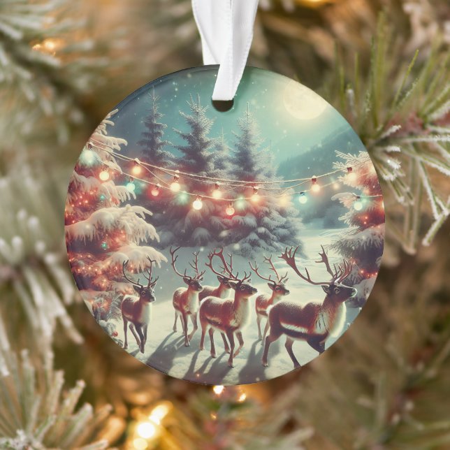 Vintage Reindeers and Christmas Lights Personalise Ornament (Tree)