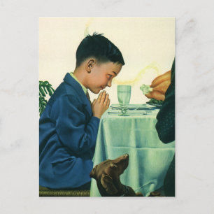 Vintage Religion, Boy Saying Grace at Thanksgiving Holiday Postcard