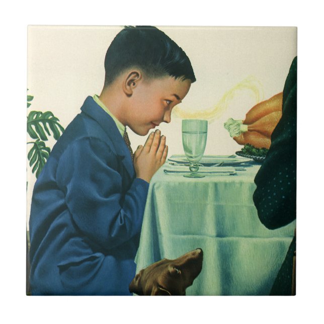 Vintage Religion, Boy Saying Grace at Thanksgiving Tile (Front)