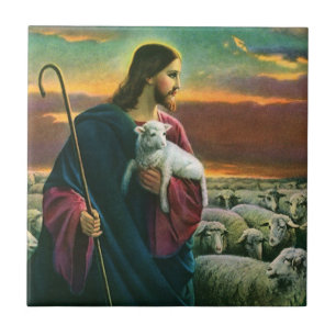 Vintage Religion, Christ Good Shepherd with Flock Ceramic Tile