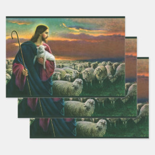 Vintage Religion, Christ Good Shepherd with Flock Wrapping Paper Sheet
