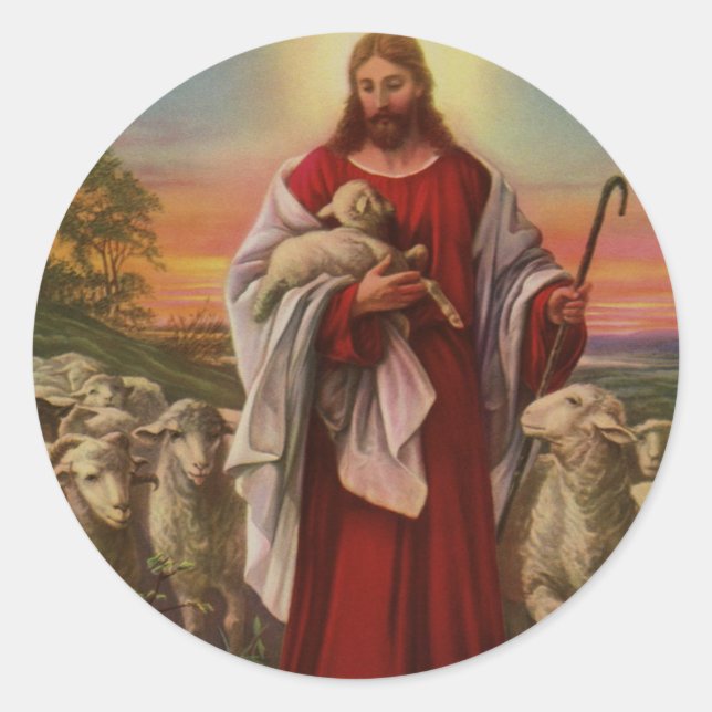 Vintage Religion, Christ the Good Shepherd Flock Classic Round Sticker (Front)