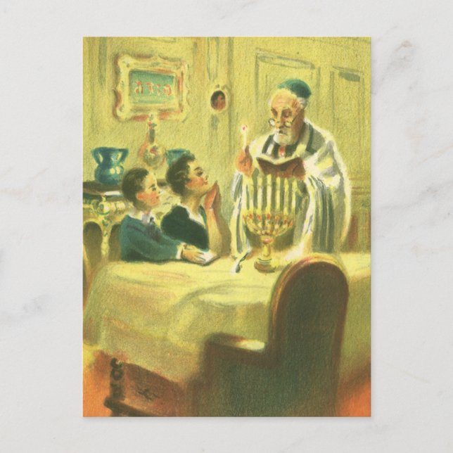 Vintage Religion, Judaism, Lighting the Menorah Postcard (Front)