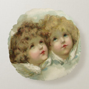 Vintage Religion, Victorian Angels in the Clouds Round Cushion