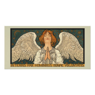 Vintage Religious Angel Praying with Gold Stars Poster