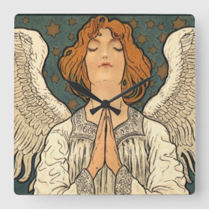 Vintage Religious Angel Praying with Gold Stars Square Wall Clock