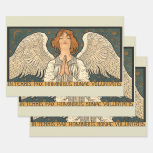 Vintage Religious Angel Praying with Gold Stars Wrapping Paper Sheet