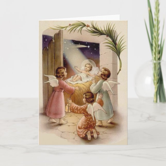 Vintage Religious Baby Jesus and Angels Christmas Card (Front)