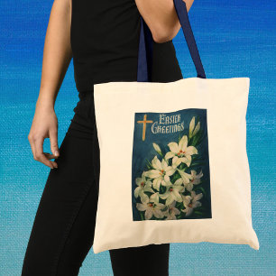 Vintage Religious Easter Greetings, Lily Flowers Tote Bag