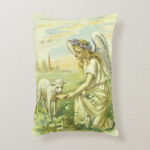 Vintage Religious Easter Victorian Angel with Lamb Decorative Cushion